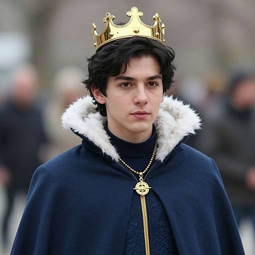 Photograph of a young man with fair skin, dark hair, wearing a golden crown, black velvet cloak with white fur trim, and a gold pendant
