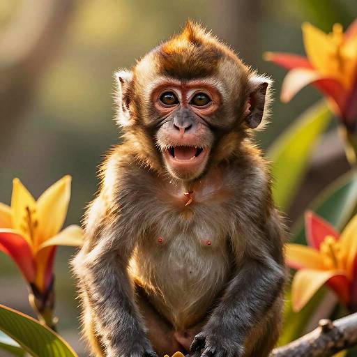 Smiling Baby Monkey in Tropical Flowers