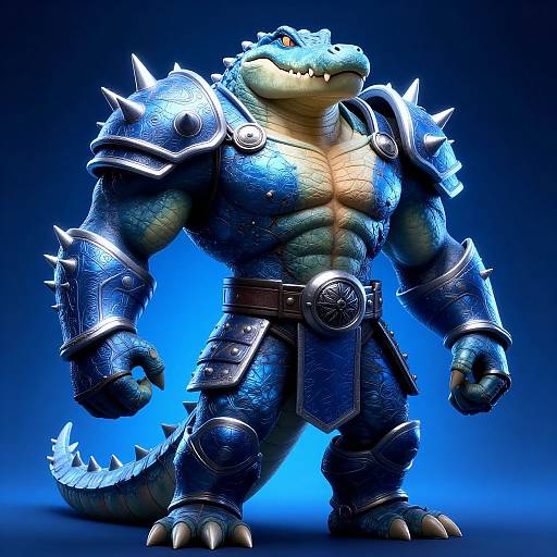 CGI anthropomorphic crocodile warrior with blue scales, metallic silver armor, spiked shoulder plates, and a belt with a circular emblem, standing against a
