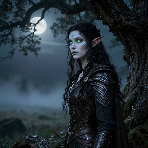 Digital fantasy artwork of a pale-skinned, green-eyed elf woman with long black hair, wearing dark armored clothing, standing in a moonlit, fog