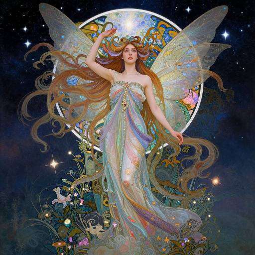 Digital art of a fairytale-style fairy with long flowing brown hair, iridescent wings, and a glowing dress, surrounded by stars and flowers