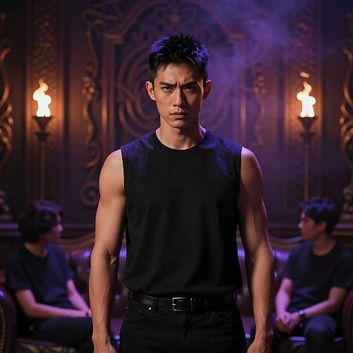 Intense Asian Man in Ornate Room