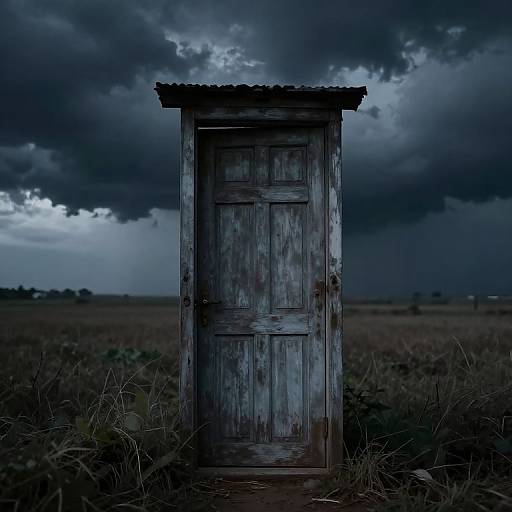 Photograph of a weathered, wooden outhouse in a dark, stormy field under a dramatic, cloudy sky, with tall grass surrounding the
