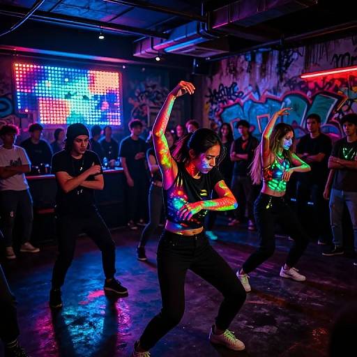Vibrant photograph of dancers in a neon-lit, graffiti-covered club, wearing black clothes with colorful glow paint on arms, performing dynamic poses under