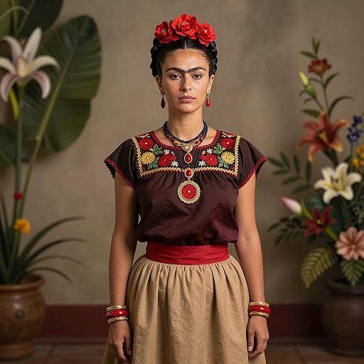 Woman in Traditional Mexican Frida Kahlo Inspired Outfit