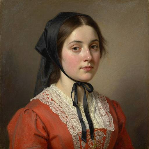 Photorealistic painting of a young Caucasian woman with fair skin, dark brown hair in a black headscarf, wearing a red dress with white lace