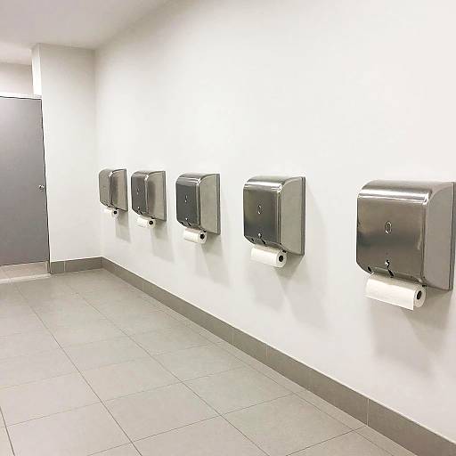 Photograph of a sterile public restroom with six stainless steel paper towel dispensers mounted on a white wall, under bright fluorescent lighting, on light gray tiled