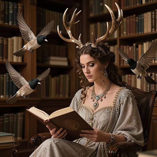 Photograph-like digital art: Fair-skinned woman with antlers and ornate jewelry reads in a library, surrounded by flying pigeons. Elegant,