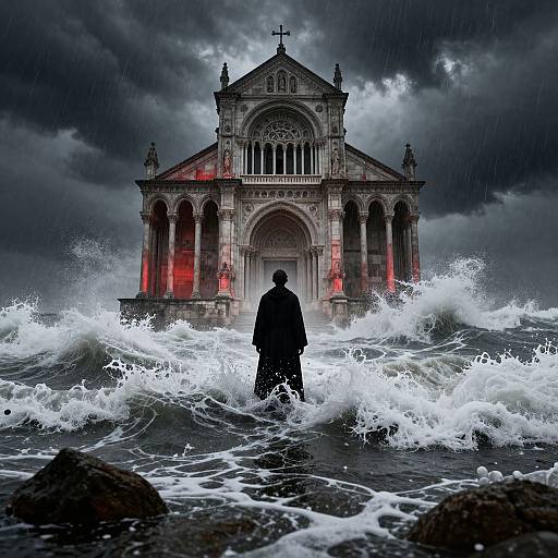 Silhouetted figure stands in turbulent waves before a stormy, red-lit gothic church, dramatic clouds and crashing waves surround. Photographic