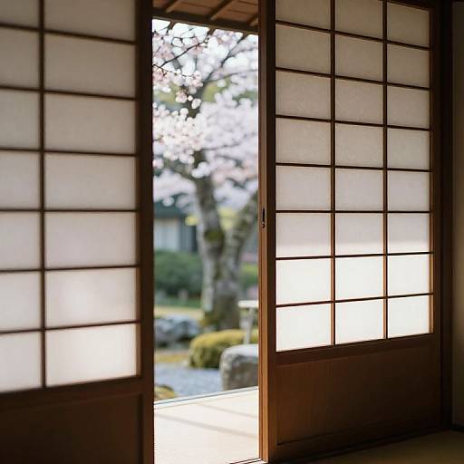 Photograph of traditional Japanese shoji doors, open to a sunlit garden with a tree, bushes, and stone path outside.