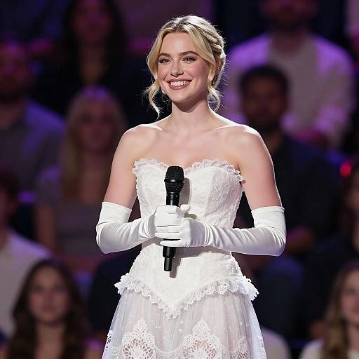 Smiling Blonde Woman Singing on Stage