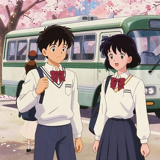 Anime-style drawing of two young schoolchildren with black hair, white shirts, red bowties, and navy skirts, standing in front of a green bus