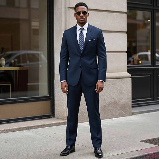 Photograph of a Black man in a dark navy suit, white shirt, striped tie, black shoes, and sunglasses, standing on a city sidewalk in