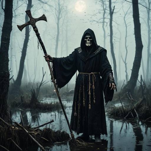 Mysterious Hooded Figure in Foggy Swamp