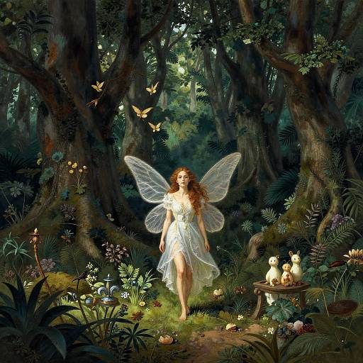 Digital fantasy artwork of a fairy with translucent wings, glowing dress, and long brown hair, surrounded by forest, butterflies, and tiny rabbits.