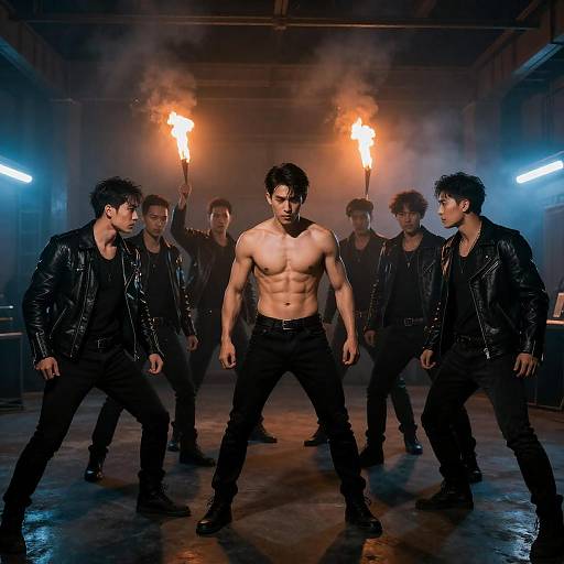Seven Men in Smoky Industrial Glow