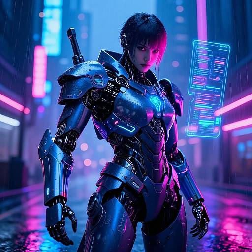 Cyberpunk-style CGI of a female android with glowing neon lights, wet street, and futuristic cityscape at night, wearing dark, reflective armor.