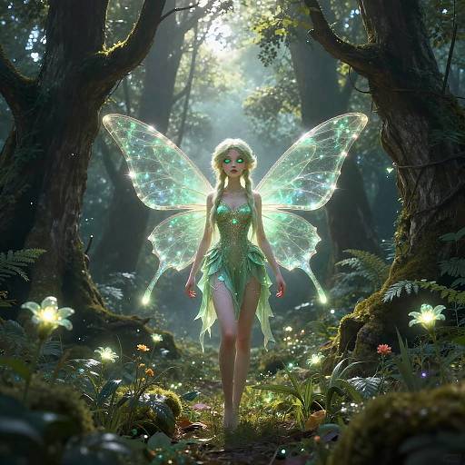 Digital fantasy artwork of a glowing fairy with translucent wings, green dress, and radiant light, walking through an enchanted forest.
