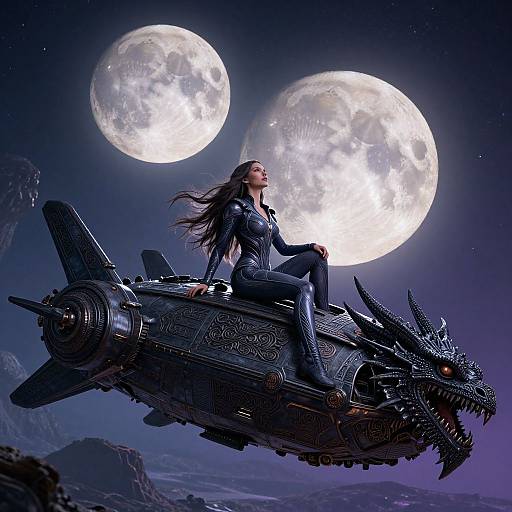 Digital artwork of a dark-haired woman in a black, form-fitting suit sitting confidently on a futuristic, ornate spaceship under two large, glowing moons