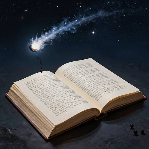 Open book with glowing text and a star-like comet on its top right corner, set against a starry night sky background. Digital artwork.