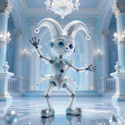 Whimsical Robot Jester in Icy Ballroom