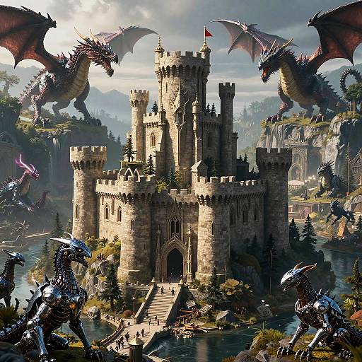 Digital fantasy artwork of a medieval stone castle surrounded by four menacing dragons, with lush greenery and a reflective river in the foreground.