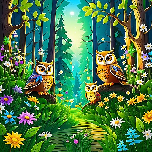 Vibrant Cartoon Forest with Wise Owls Vibrant Cartoon Forest with Wise Owls
