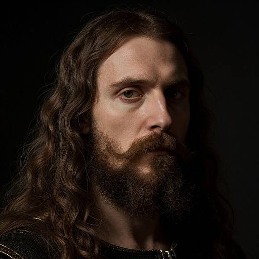 Photograph of a bearded man with long, wavy brown hair against a dark background, illuminated from the front, conveying a solemn expression.