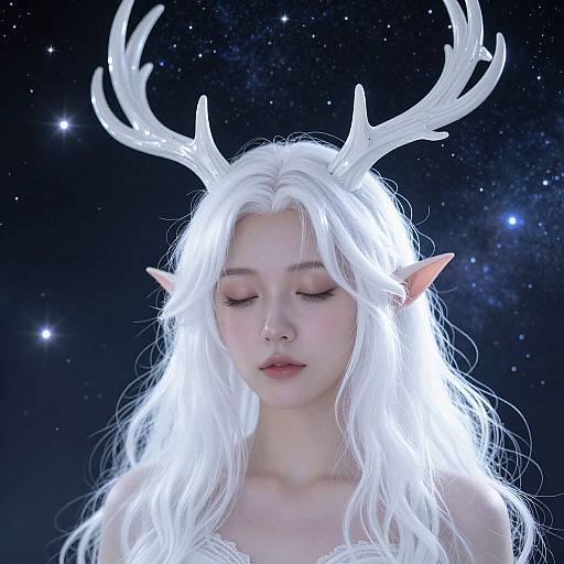 Digital artwork of a pale, ethereal elf with long white hair, antler headpiece, and orange elf ears, against a starry night sky