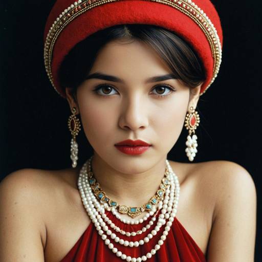 Woman in Red Traditional Headwear with Pearl Jewelry