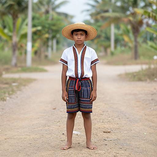 Photograph of a young boy standing on a dirt path, wearing a white shirt, black and white checkered shorts, red sash, and a
