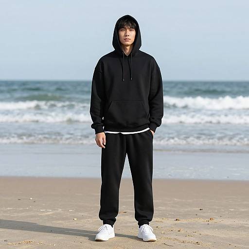 Young Asian man in black hoodie and pants, white sneakers, standing on sandy beach with ocean waves in background. Photorealistic image.