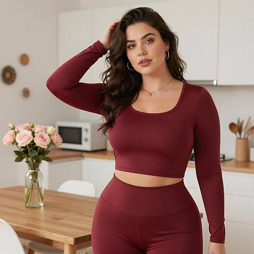 Curvy Woman in Red Crop Top Kitchen