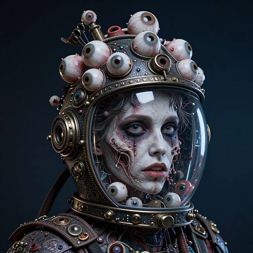 Digital artwork of a cyberpunk woman with a helmet adorned with eyeballs, blood-stained white face, and steampunk gear against a dark background