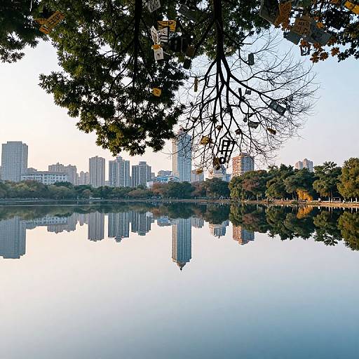 Photograph of a city skyline reflected in a calm lake, framed by overhanging tree branches with autumn leaves, under a clear blue sky.