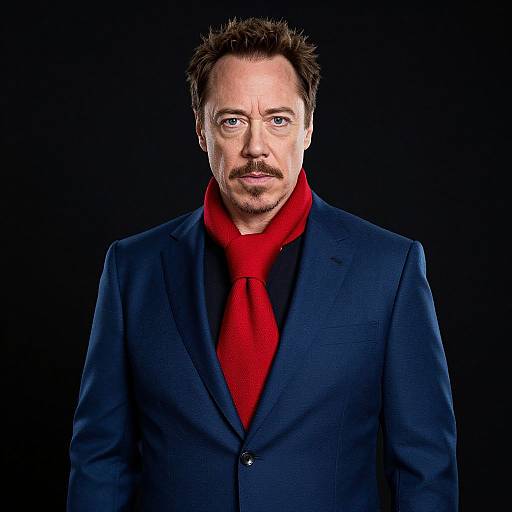 Photograph of a middle-aged white man with short brown hair, mustache, wearing a dark blue suit, red scarf, black shirt, and serious