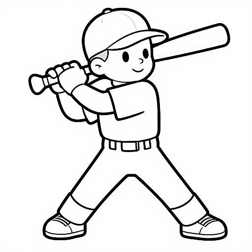 Black and white line drawing of a smiling cartoon baseball player in a cap, shirt, pants, and shoes, holding a bat ready to swing.
