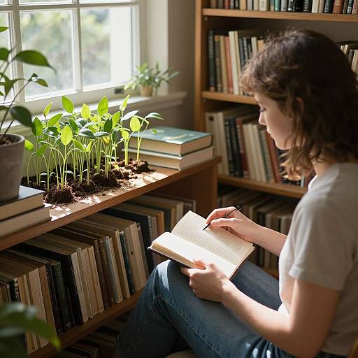 Photograph of a curly-haired woman in a white tee, reading a book in a sunlit room with potted plants, books, and a wooden