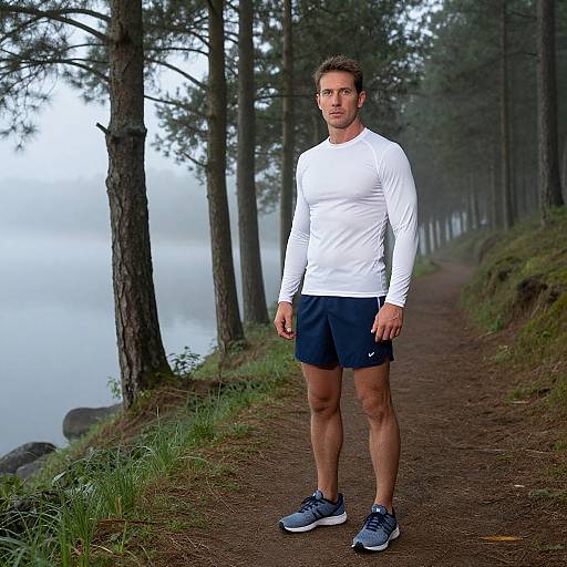 Athletic Man on Misty Lakeside Trail
