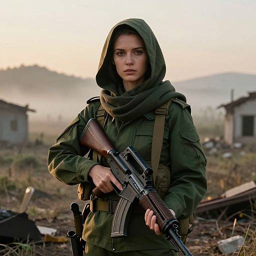 Photograph-style digital artwork of a determined young woman with green hooded jacket, holding a rifle, standing in a ruined, misty, war-t