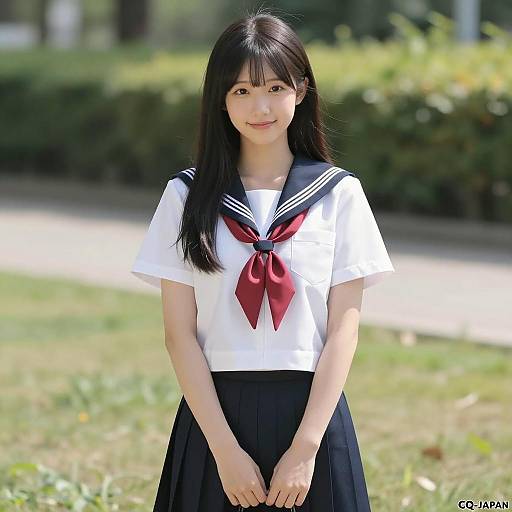 Asian Schoolgirl in Japanese Uniform Outdoors