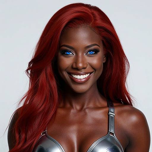 Photograph of a smiling Black woman with vibrant red hair, striking blue eyes, and wearing a metallic bra, against a white background.