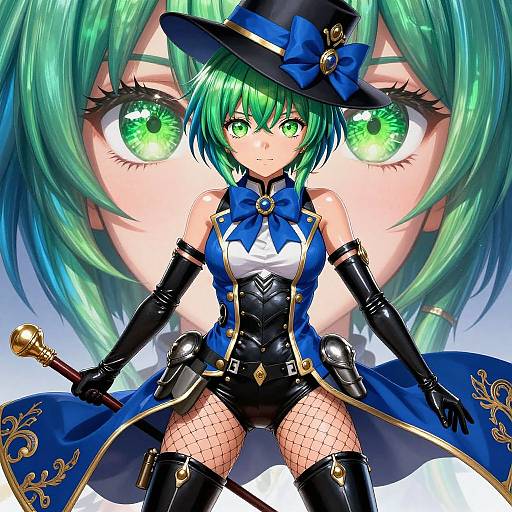 Digital anime-style illustration of a green-haired girl with glowing green eyes, wearing a black witch hat, blue and black outfit, fishnet stockings, and