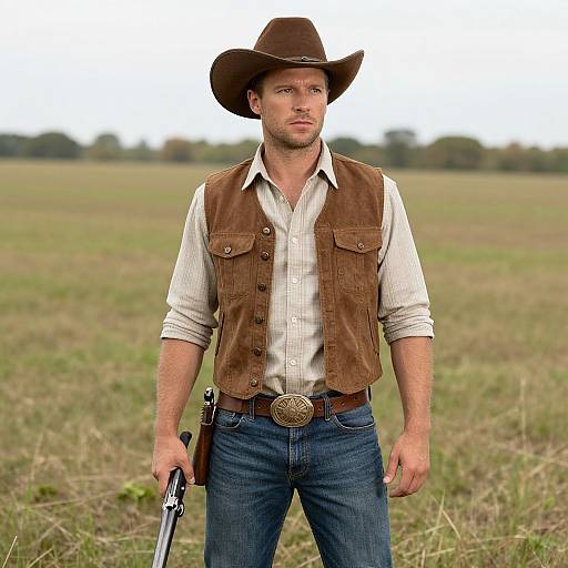 Man in Cowboy Outfit with Gun in Open Field