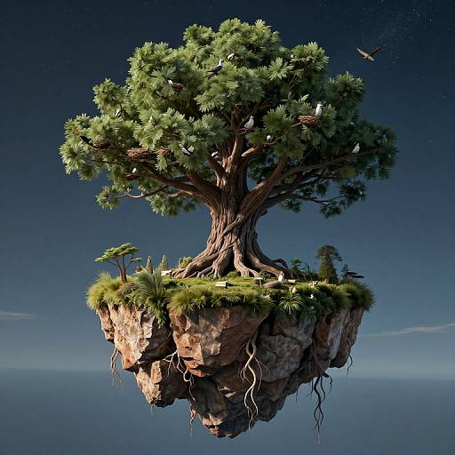 Digital artwork of a floating, lush tree with roots hanging from a rocky island, set against a deep blue sky with a bird in flight.