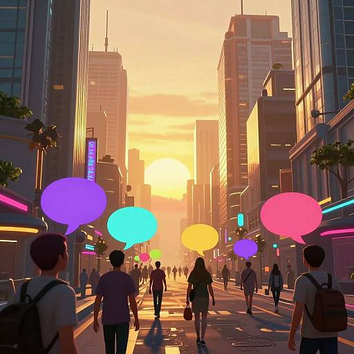 Cyberpunk Cityscape at Sunset with Floating Speech Bubbles