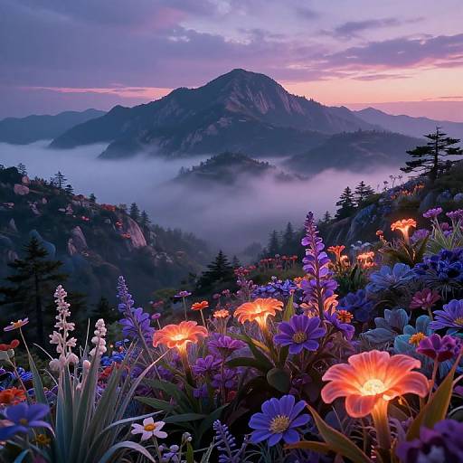 Photograph of a vibrant, colorful flower garden at sunset with glowing orange flowers, purple and blue blooms, misty mountains, and a pink-orange sky