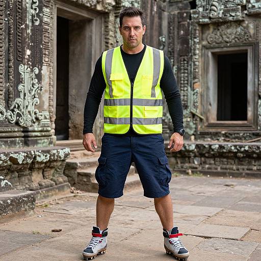 Photograph of a muscular man in a neon yellow vest, black long-sleeve shirt, navy cargo shorts, and rollerblades, standing in