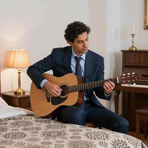Man in Navy Suit Playing Guitar