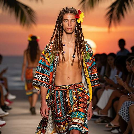 Photograph of a male model with long dreadlocks, wearing vibrant, colorful, patterned tropical shirt and pants, on a sunset beach runway.